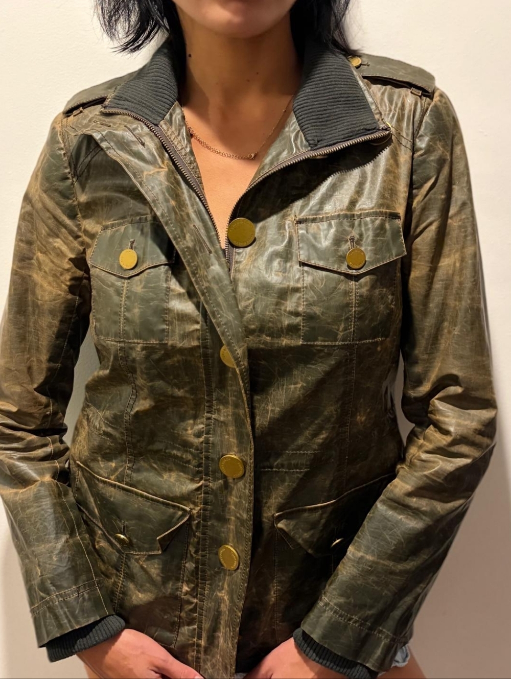 Tory Burch Olive Utility Waxed Jacket with Ribbed Collar